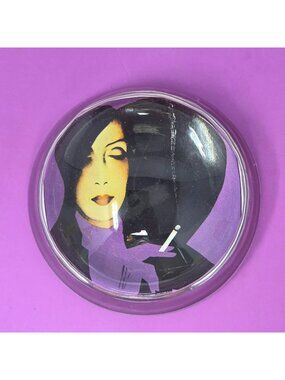 Vintage 70s Glass Paperweight With Womans Face Illustration Purple & Black Art